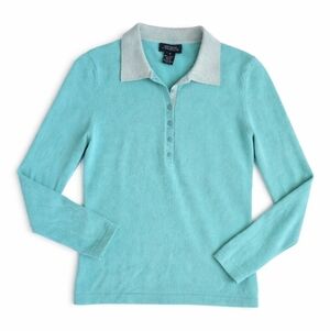 Jones NY Signature 100% Cashmere Collared Henley Sweater Blue sz Small